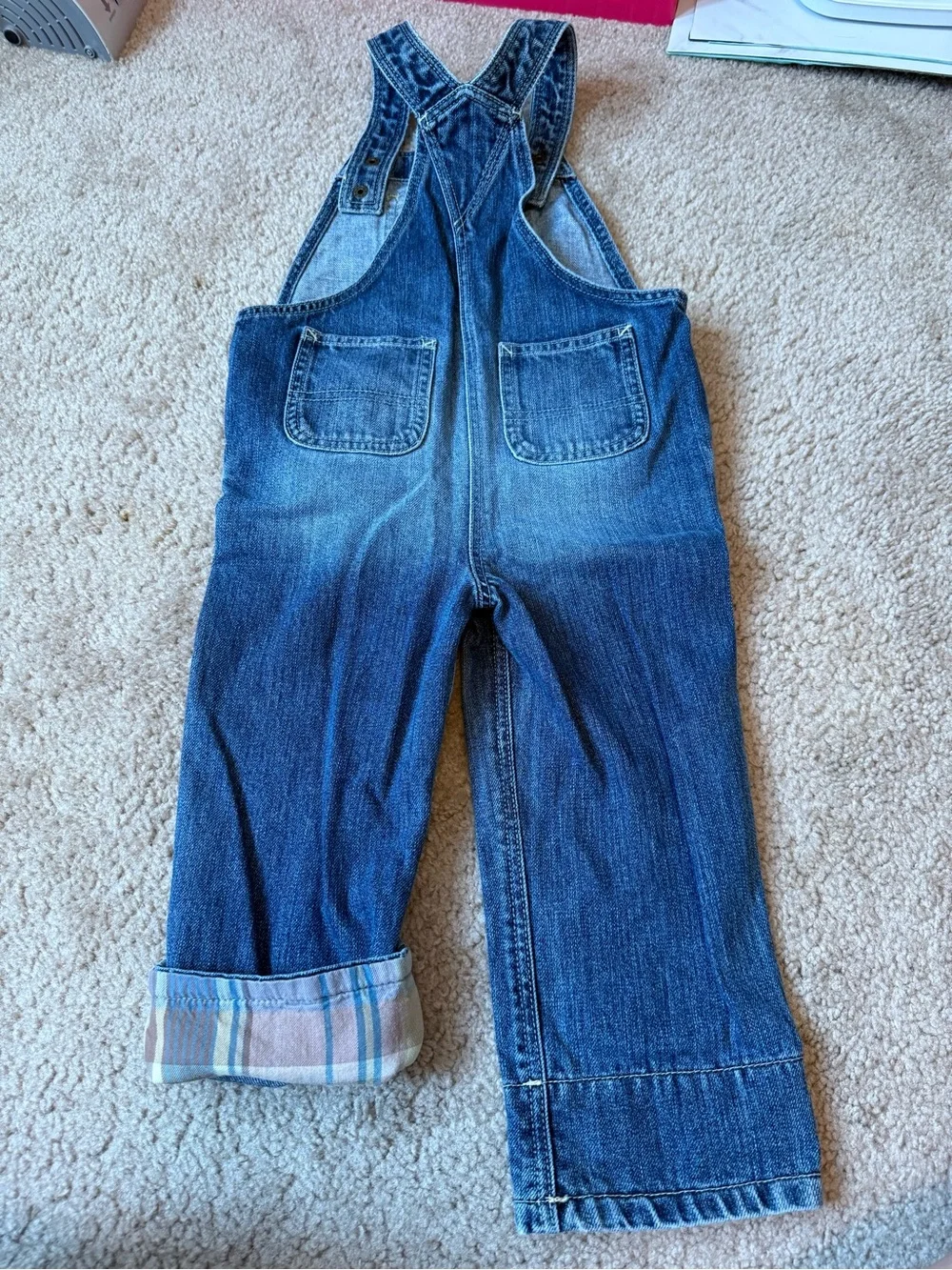 Ralph Lauren Kids Denim Overalls with Rolled Plaid Cuff - Blue